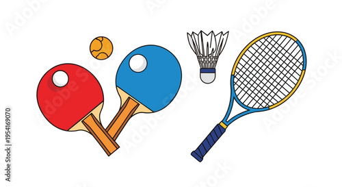 Selection of racket sports gear including table tennis paddles, a tennis racket, and shuttlecocks for active recreation.