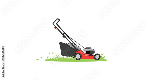 A red lawnmower with a black grass bag cuts green grass, producing flying grass clippings.