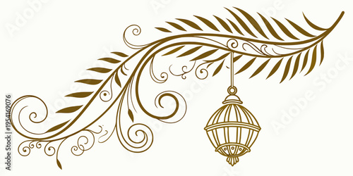 Islamic Decorative Lantern Hanging from Ornamental Palm Leaf, vector