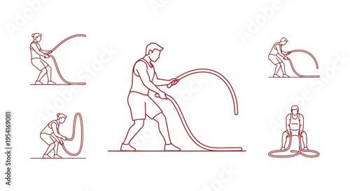 Man stretching red rubber hose pipe.