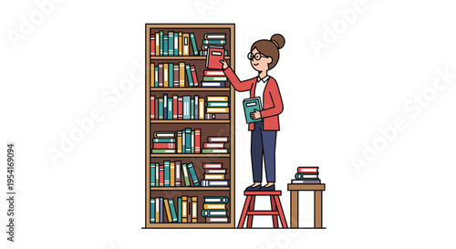 A female librarian wearing glasses and a red cardigan stands on a stool to place a red book on a tall wooden bookshelf.