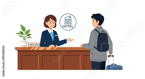 A smiling female hotel receptionist welcomes a male guest with a backpack and suitcase at a wooden reception counter.