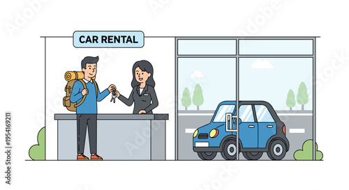 A male customer with a backpack receives car keys from a smiling female agent at a car rental counter.