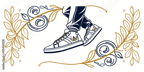 Stylized illustration of sneakers with decorative gold leaves, vector