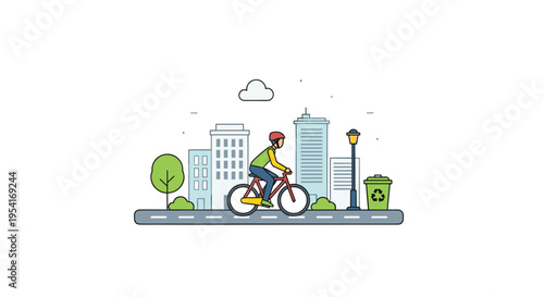 A person in a helmet rides a red bicycle past city buildings, a street lamp, and a recycling bin under a white cloud.