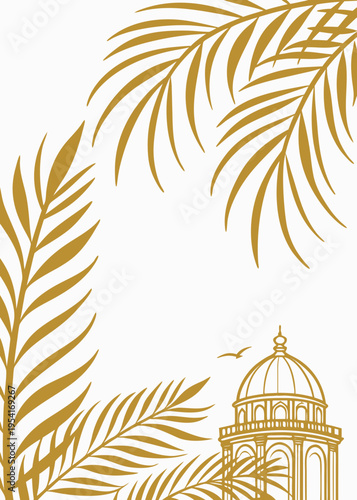 Golden palm leaves and dome building architectural outline, vector