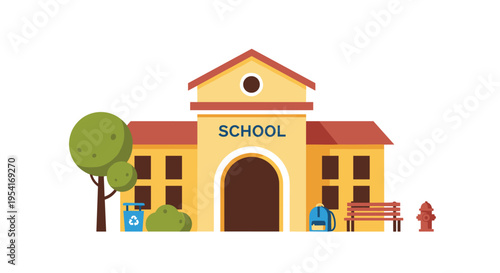 A yellow school building with a red roof stands prominently, flanked by trees, a recycling bin, a bench, a backpack, and a fire hydrant.