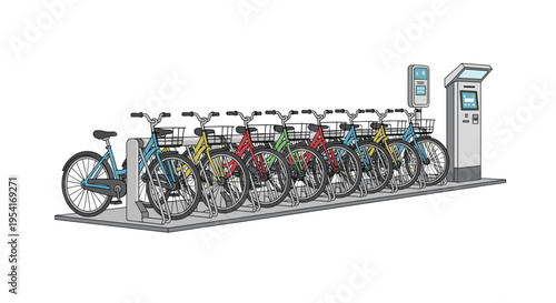 A modern bicycle rental station features a long row of ten colorful bikes and an automated payment kiosk.