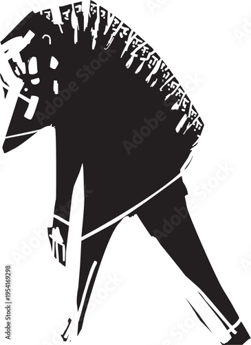 Woodcut style man with people on his spine