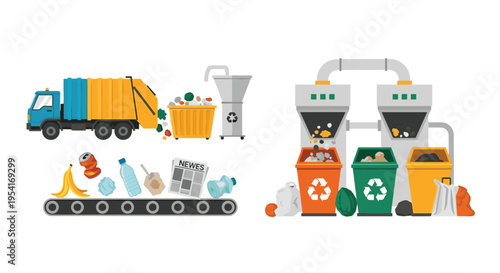 A detailed flat illustration shows a garbage truck collecting waste and a recycling facility sorting materials into bins.