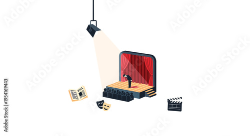 A lone actor bows on a spotlight-lit stage with red curtains, surrounded by a seated audience and various theatrical props.
