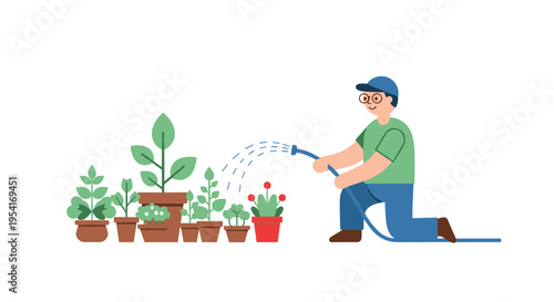 A man wearing glasses and a blue cap kneels to water a row of various potted plants with a blue hose.