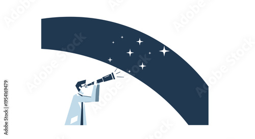A man in a suit looks through a telescope at stars in a dark blue arched sky.