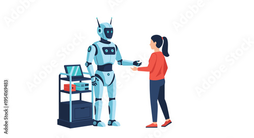 A humanoid robot and a woman interact, possibly shaking hands, beside a cart with a laptop.