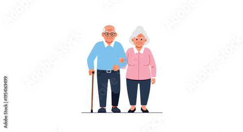 An elderly couple, a man with a cane and a woman holding his arm, stands together on a white background.