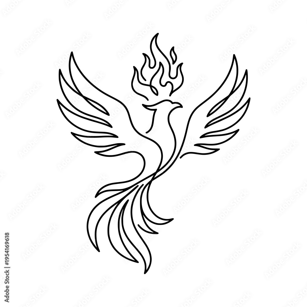 Naklejka premium A black line drawing of a phoenix with flames on its head