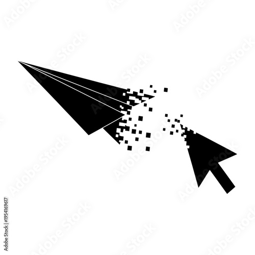 A black paper airplane turning into pixels and an arrow