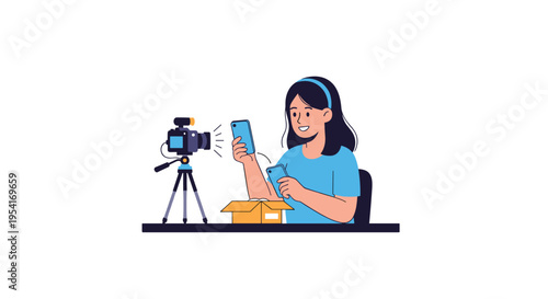 A smiling young woman unboxes a smartphone while holding two others, being recorded by a camera on a tripod.