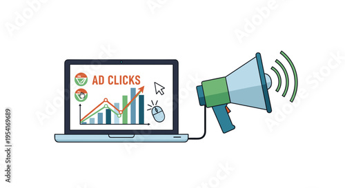 A laptop displays a graph of increasing ad clicks, connected to a large megaphone emitting sound waves.