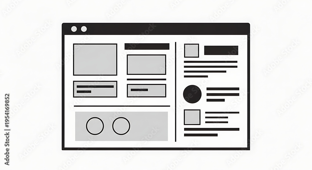 Fototapeta premium Wireframe webpage layout with gray boxes and lines on white background