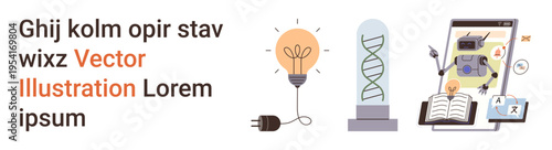 Education, technology, research, innovation, scientific learning, artificial intelligence. DNA strand, light bulb open book and robot on tablet. Technology and research concept