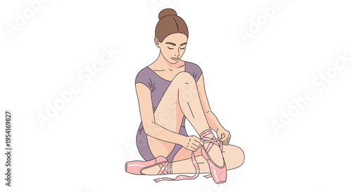 A graceful ballerina with a bun is sitting cross-legged and tying the ribbons of her pink pointe shoes against a white background.