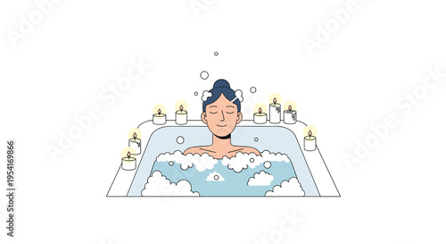 A woman with a bun is relaxing in a bubble bath surrounded by ten lit candles against a white background.