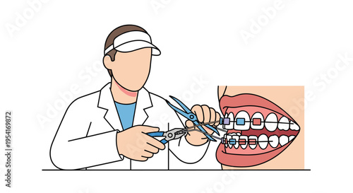 A faceless orthodontist wearing a white lab coat and visor is adjusting braces on a patient's open mouth with dental tools.