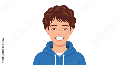 A smiling young boy with curly brown hair and blue braces is wearing a blue hoodie against a white background.