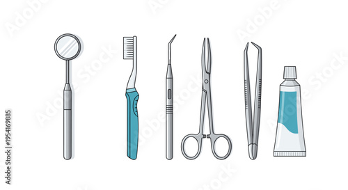 A set of six dental hygiene tools and toothpaste is neatly arranged on a white surface.