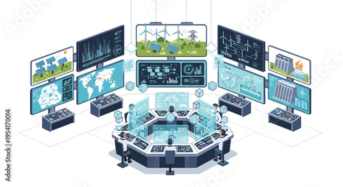 Several operators monitor complex data displays in a futuristic energy control room.