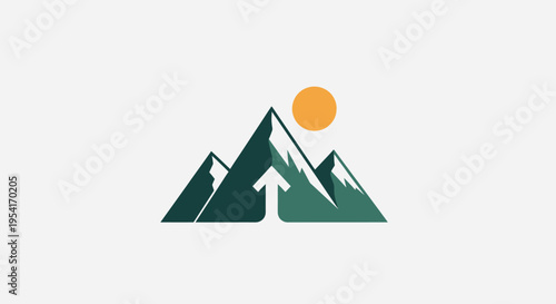 Minimalist mountain landscape with rising arrow and sun.
