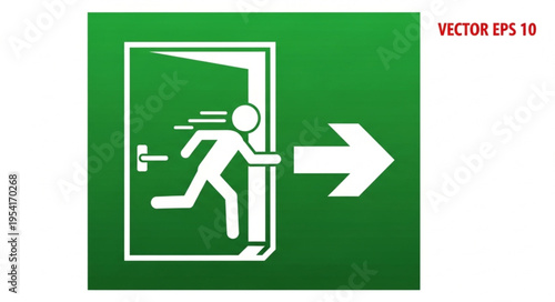Green emergency exit sign with running person icon and arrow.