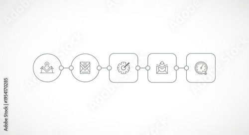Digital workflow process icons connected in a line.
