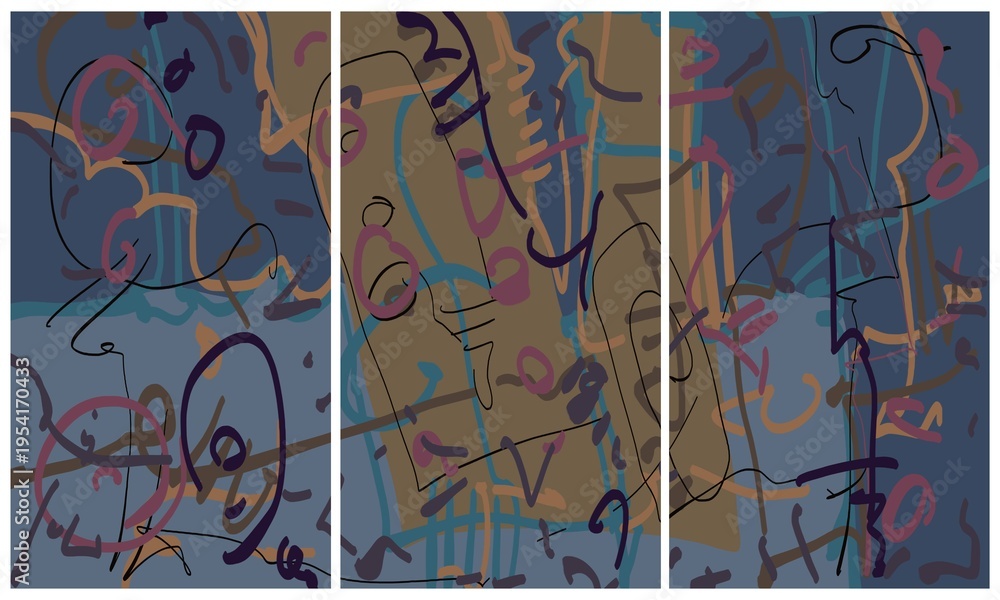 Obraz premium Modern interior triptych. The picture is painted by hand on a tablet.