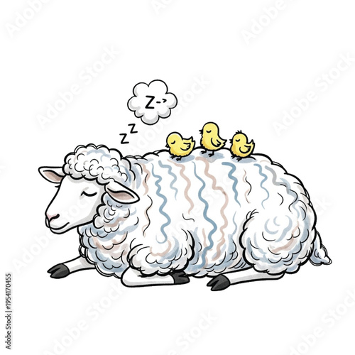 A sleeping sheep with chicks resting on its woolly back, illustrating a peaceful and serene scene