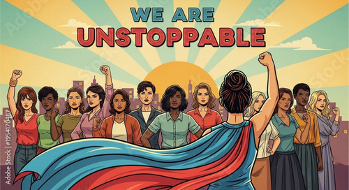 Group of diverse women standing together with raised fists and a cape.