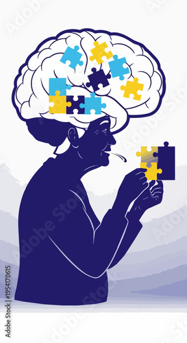 Brain puzzle illustration, person holding jigsaw piece, brain outline filled with colorful fragments. Brain puzzle symbolizes memory loss, cognitive decline, mental health challenges.