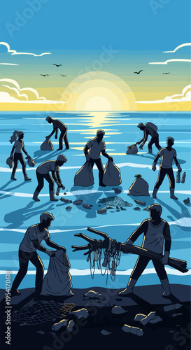 Volunteers conduct vital ocean clean-up, collecting plastic waste and debris from shoreline at sunrise. Team actively participates in ocean clean-up, gathering discarded items protecting marine life.