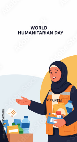 Woman volunteer illustration supports World Humanitarian Day, sharing collected donations. Dedicated volunteer delivers aid, promoting global solidarity on World Humanitarian Day.