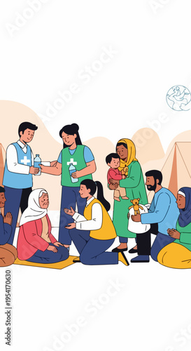 People receive humanitarian aid from volunteers in refugee camp. Volunteers distribute water bottles and food supplies to displaced persons and families, including an elderly woman and a child.