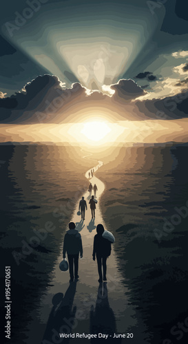 World Refugee Day commemoration shows distant figures walking path toward dawn. World Refugee Day highlights plight of displaced persons, emphasizing journey for safety.