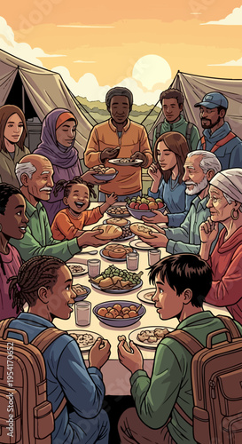 Diverse group shares joyful community meal outdoors in camp, enjoying food. Varied backgrounds unite for special community meal, fostering connection. Concept community meal for solidarity,