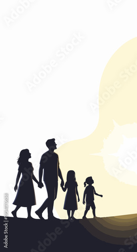 Family journey featuring parents and two children walking hand in hand, silhouetted against bright, hopeful background, depicting togetherness and strong bond. This family journey symbolizes growth,
