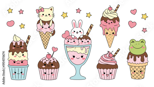 Large collection of cute dessert characters featuring animals like cats, bunnies, and frogs on ice cream cones and cupcakes.