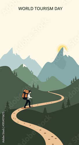 Illustration showcasing person hiking up winding mountain path, celebrating World Tourism Day. Scenic landscape features layered green mountains, distant peaks, and bright sun,