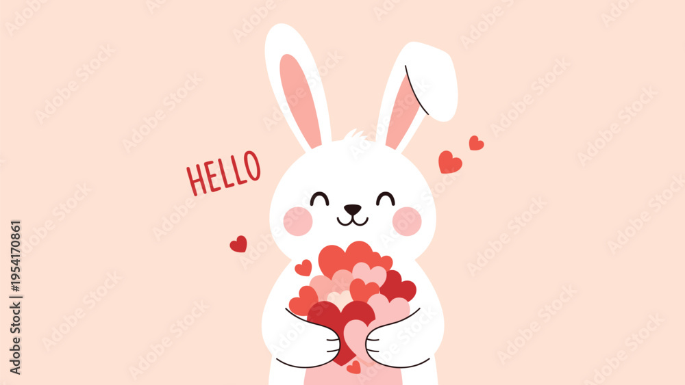 Fototapeta premium Cute white rabbit holding a large bunch of colorful pink and red hearts in its paws with hello text on a soft pink background.
