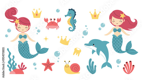 Cute ocean life characters including two mermaids with crowns, a seahorse, a dolphin, a crab, and a sea snail among coral reefs.