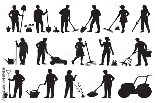 Gardening and landscaping silhouettes set featuring workers with tools such as shovels rakes lawn mowers watering cans and wheel barrows