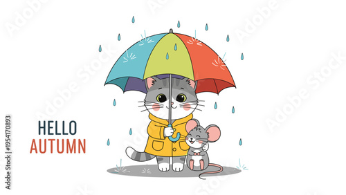 Cute cat and mouse huddling together under a colorful striped umbrella in the rain with hello autumn text on a white background.